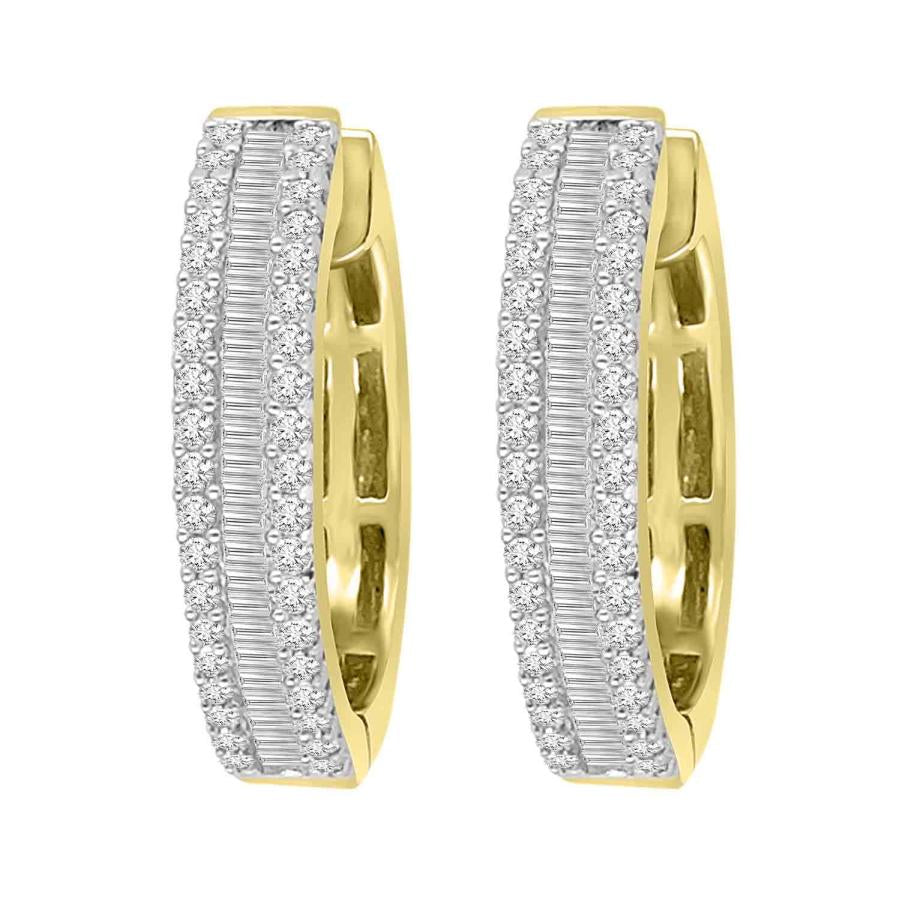 LADIES HOOP EARRINGS 0.50CT ROUND/BAGUETTE DIAMOND 10K YELLOW GOLD