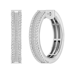 LADIES HOOP EARRINGS 1.00CT ROUND/BAGUETTE DIAMOND 10K WHITE GOLD