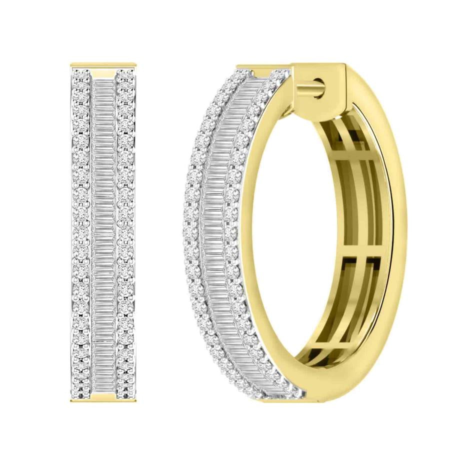 LADIES HOOP EARRINGS 1.00CT ROUND/BAGUETTE DIAMOND 10K YELLOW GOLD