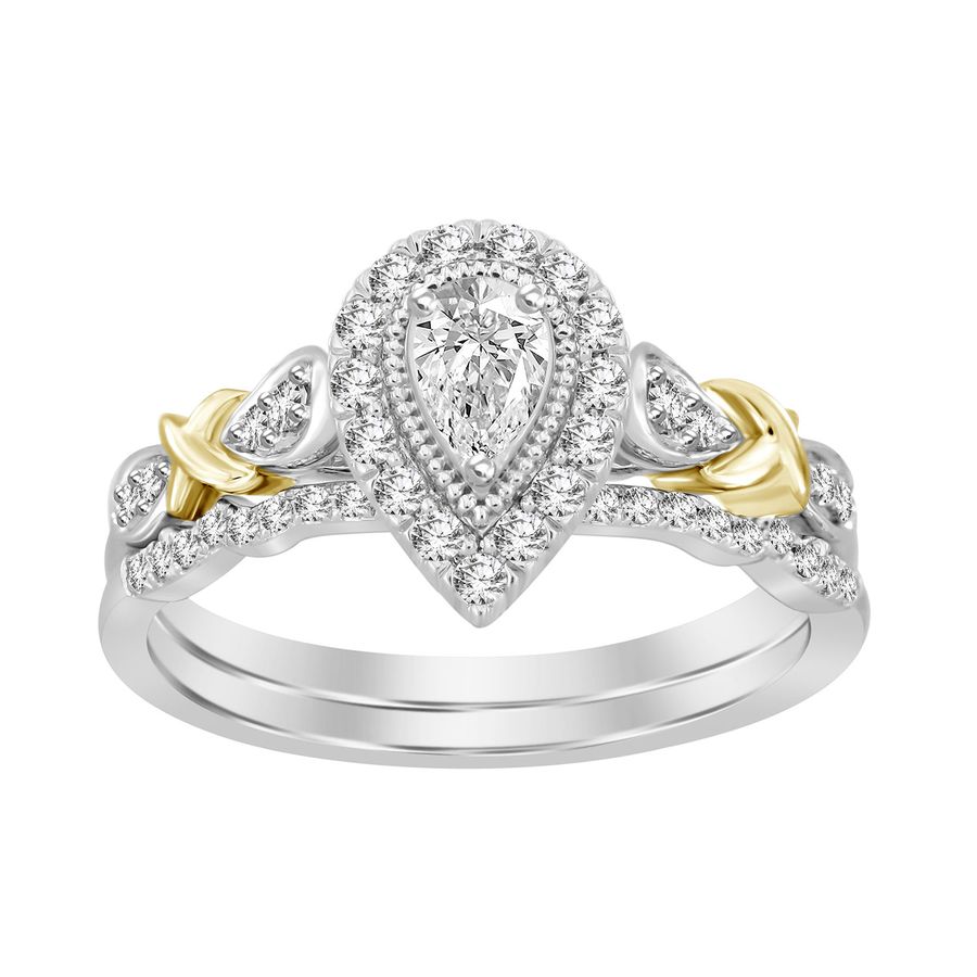 LADIES BRIDAL SET 0.50CT ROUND/PEAR DIAMOND 14K WHITE/YELLOW GOLD (CENTER STONE 0.10CT PEAR DIAMOND)