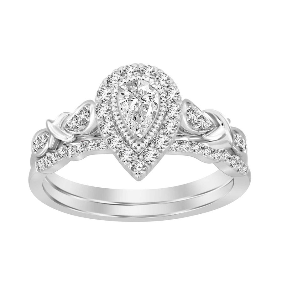 LADIES BRIDAL SET 0.50CT ROUND/PEAR DIAMOND 14K WHITE GOLD