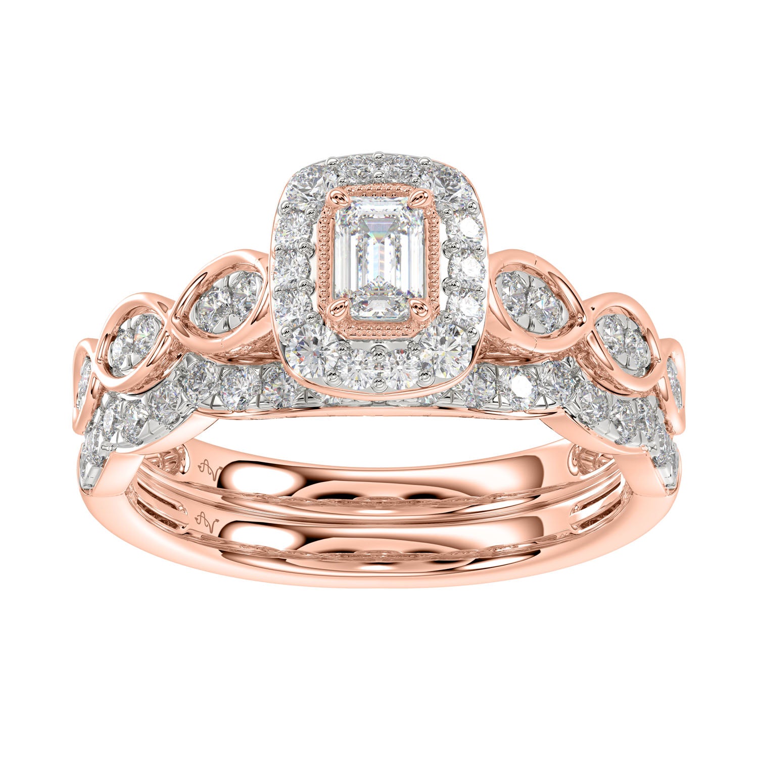 LADIES BRIDAL SET 1.00CT ROUND/EMERALD DIAMOND 14K ROSE GOLD