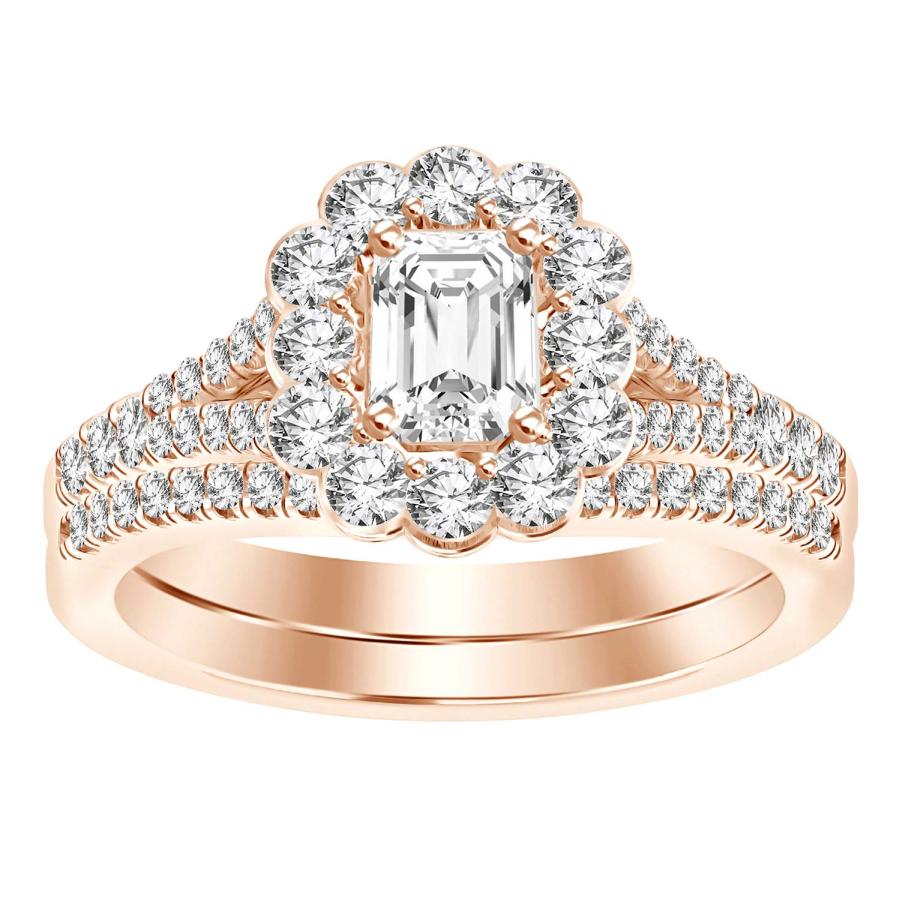 LADIES BRIDAL SET 1.00CT ROUND/EMERALD DIAMOND 14K ROSE GOLD (CENTER STONE 0.33CT EMERALD DIAMOND)