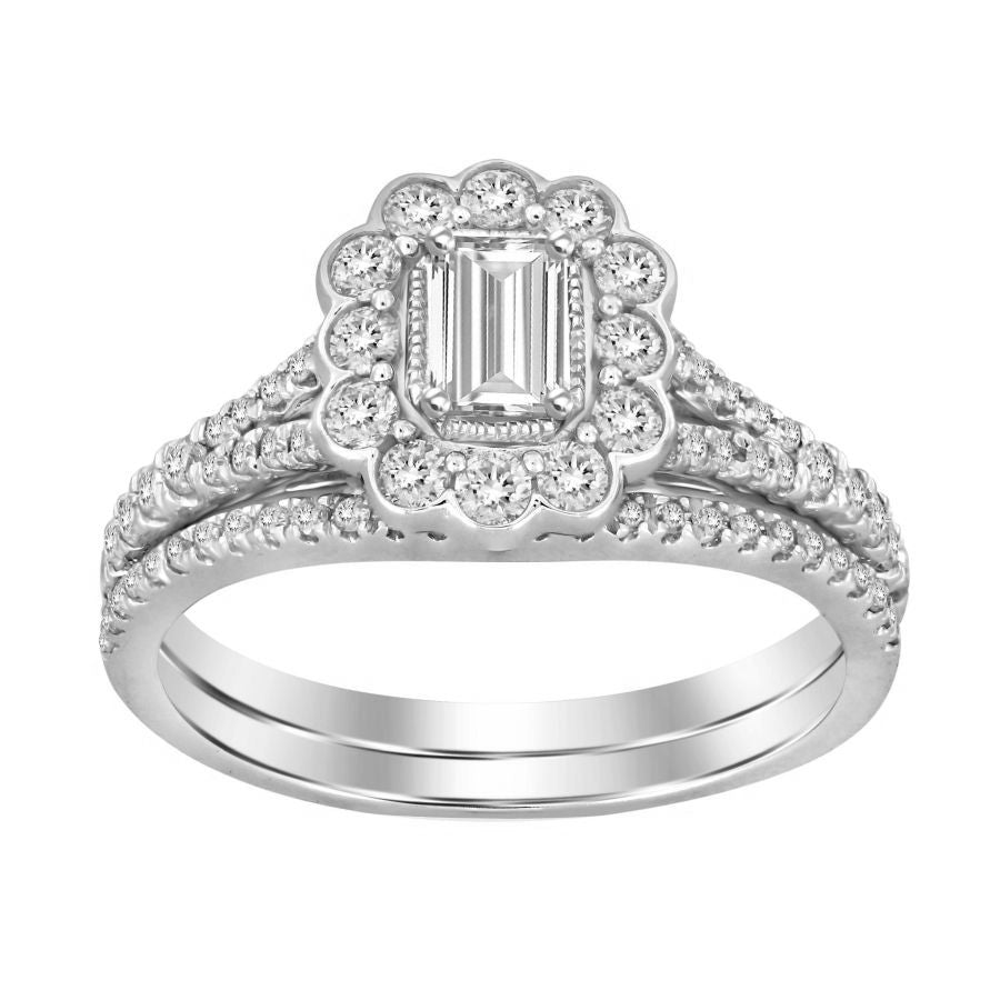 LADIES BRIDAL SET 1.00CT ROUND/EMERALD DIAMOND 14K WHITE GOLD