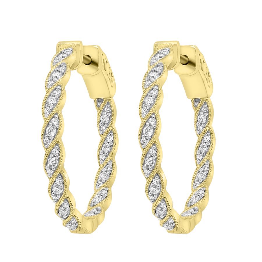 LADIES FILIGREE HOOP EARRING 0.50CT ROUND DIAMOND 10K YELLOW GOLD