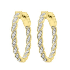 LADIES FILIGREE HOOP EARRING 0.50CT ROUND DIAMOND 10K YELLOW GOLD