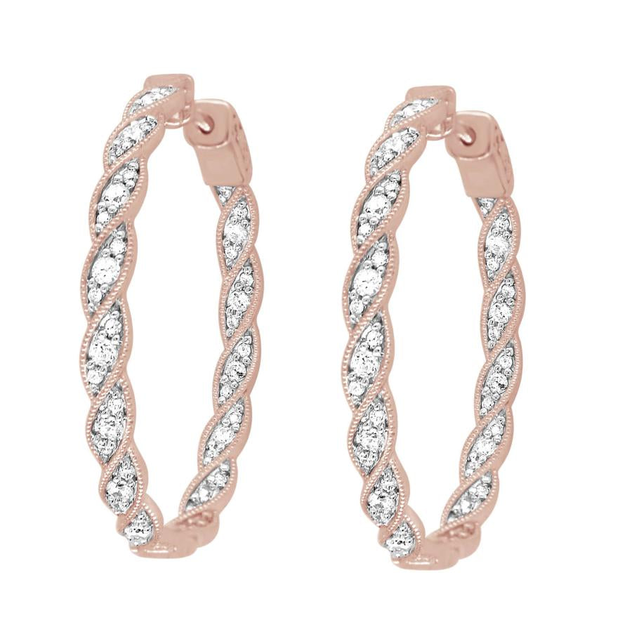 LADIES FILIGREE HOOP EARRING 1.00CT ROUND DIAMOND 10K ROSE GOLD