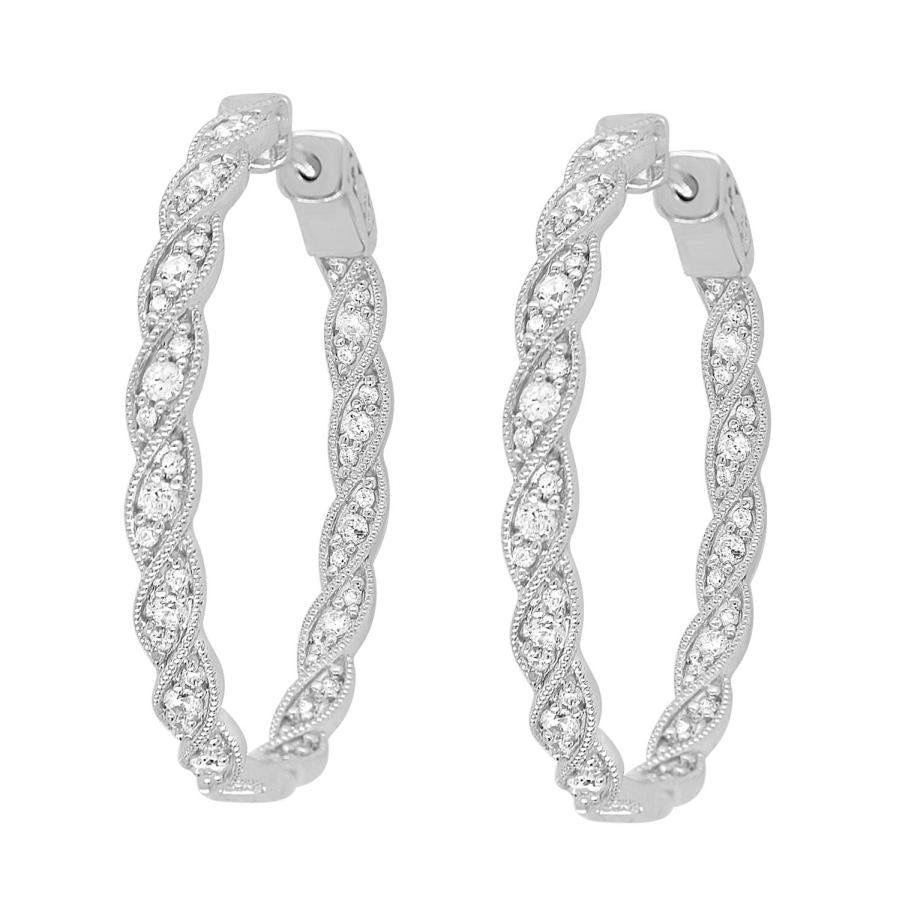 LADIES FILIGREE HOOP EARRING 1.00CT ROUND DIAMOND 10K WHITE GOLD