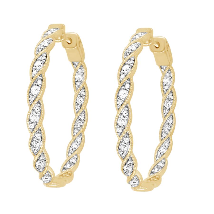 LADIES FILIGREE HOOP EARRING 1.00CT ROUND DIAMOND 10K YELLOW GOLD