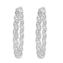 LADIES FILIGREE HOOP EARRING 1.50CT ROUND DIAMOND 10K WHITE GOLD