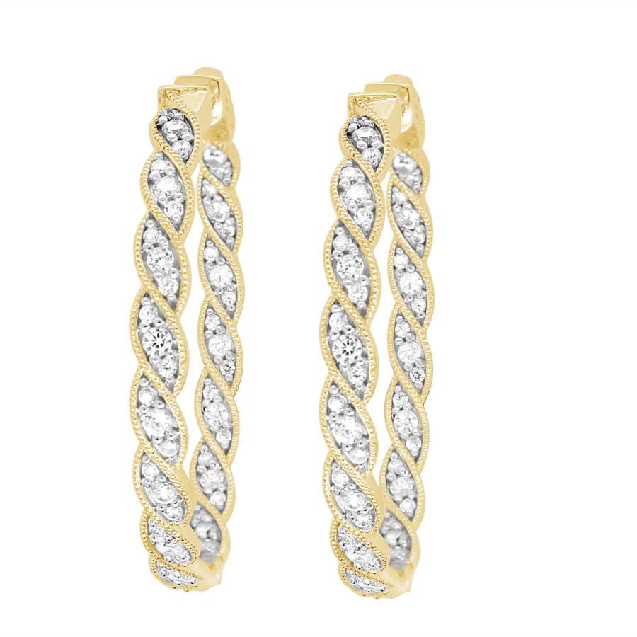 LADIES FILIGREE HOOP EARRING 1.50CT ROUND DIAMOND 10K YELLOW GOLD