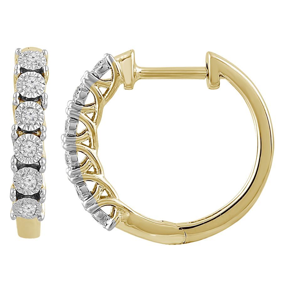 LADIES HOOP EARRINGS 0.10CT ROUND DIAMOND 10K YELLOW GOLD