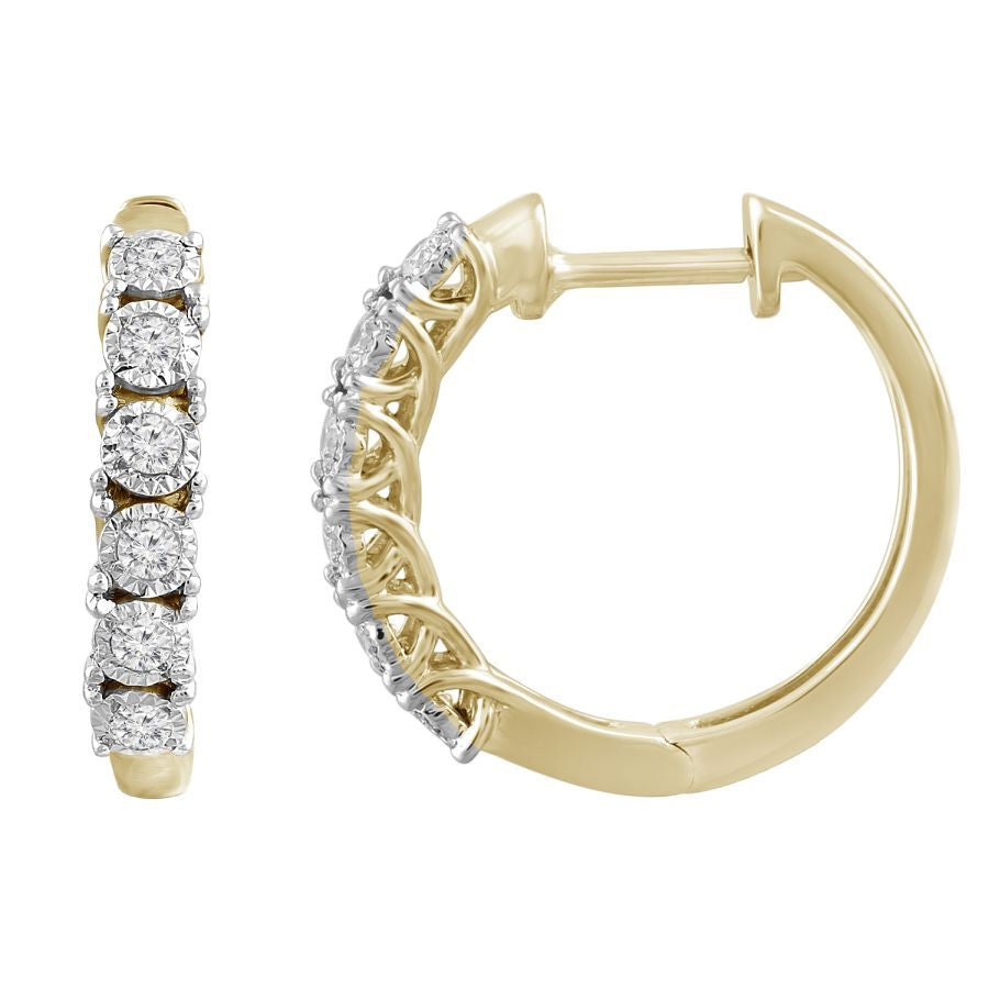 LADIES HOOP EARRINGS 0.15CT ROUND DIAMOND 10K YELLOW GOLD