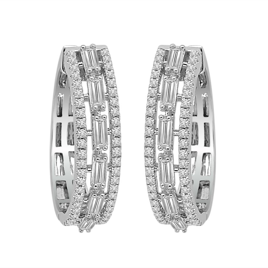 LADIES HOOP EARRINGS 1.00CT ROUND/BAGUETTE DIAMOND 10K WHITE GOLD