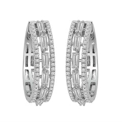 LADIES HOOP EARRINGS 1.00CT ROUND/BAGUETTE DIAMOND 10K WHITE GOLD