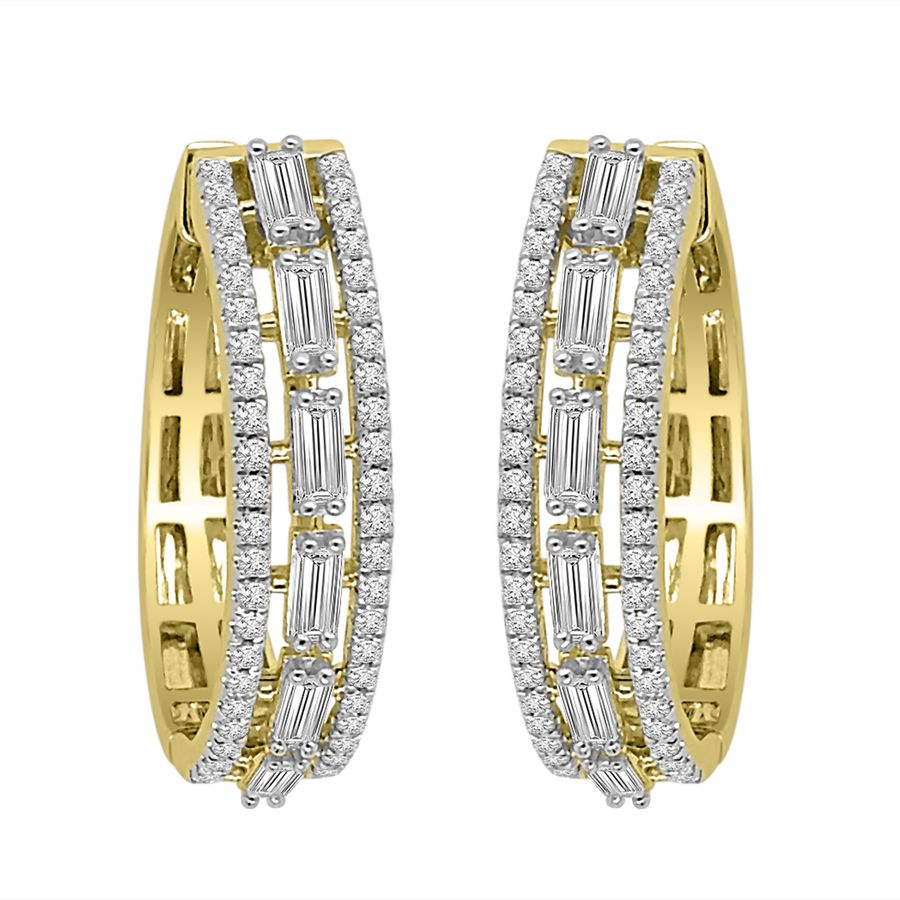 LADIES HOOP EARRINGS 1.00CT ROUND/BAGUETTE DIAMOND 10K YELLOW GOLD