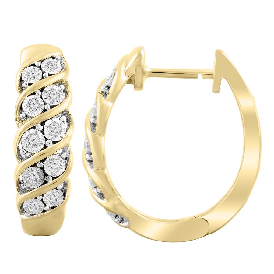 LADIES HOOP EARRINGS 0.15CT ROUND DIAMOND 10K YELLOW GOLD