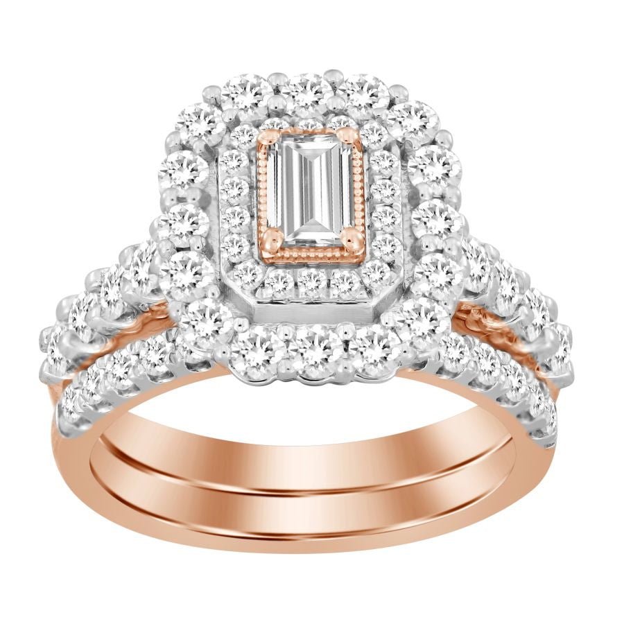 LADIES BRIDAL RING SET 2.00CT ROUND/EMERALD DIAMOND 14K ROSE GOLD