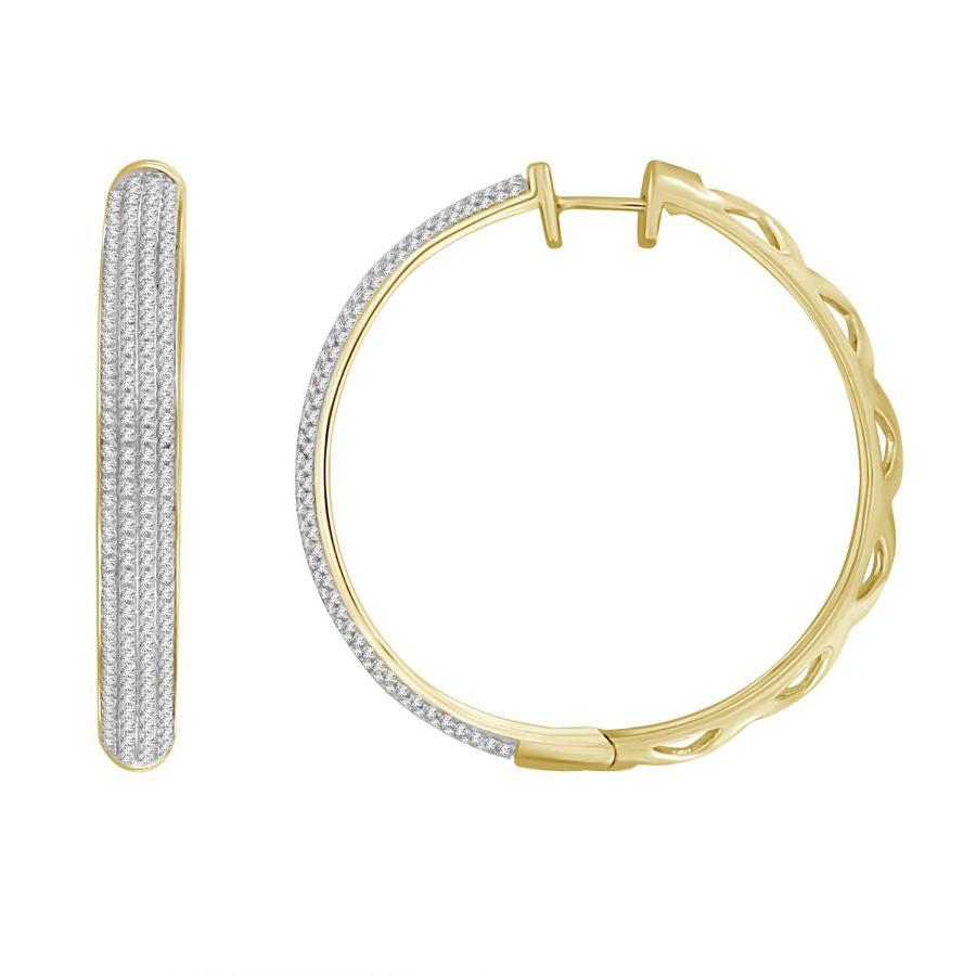 LADIES HOOP EARRINGS 1.00CT ROUND DIAMOND 10K YELLOW GOLD