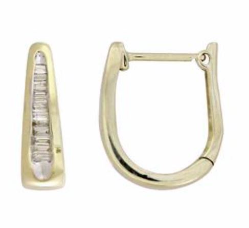 LADIES HOOP EARRINGS 0.25CT BAGUETTE DIAMOND 10K YELLOW GOLD