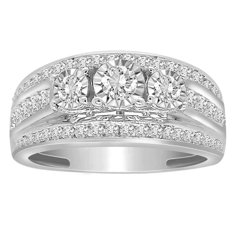 3 STONE LADIES RING 1.00CT ROUND DIAMOND 14K WHITE GOLD