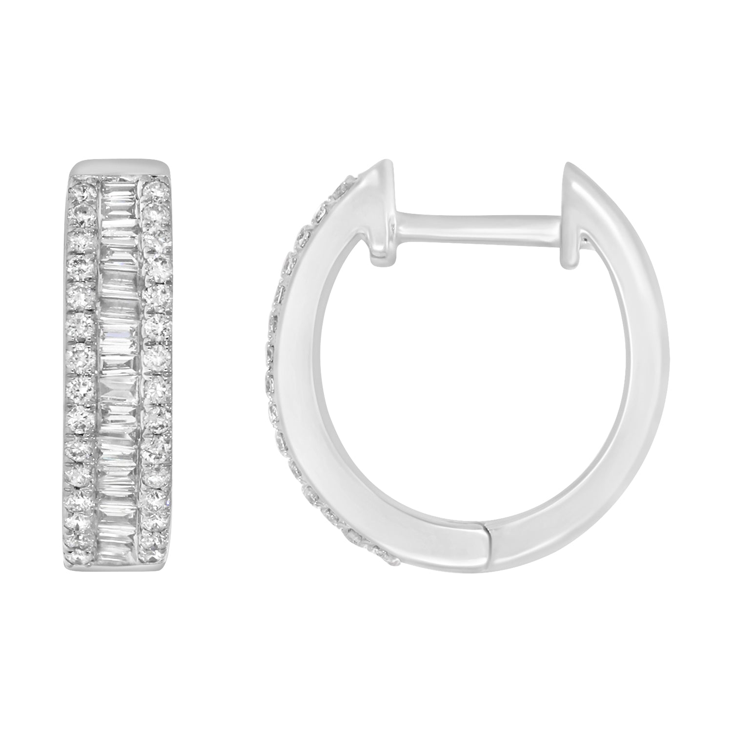 LADIES HOOP EARRINGS 0.75CT ROUND/BAGUETTE DIAMOND 14K WHITE GOLD (SI QUALITY)