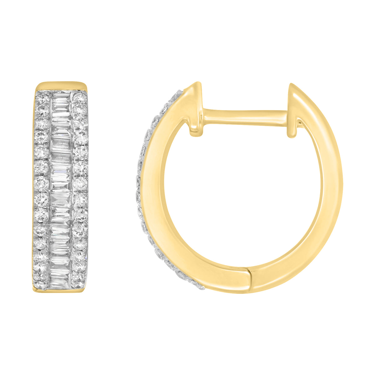 LADIES HOOP EARRINGS 0.75CT ROUND/BAGUETTE DIAMOND 14K YELLOW GOLD (SI QUALITY)