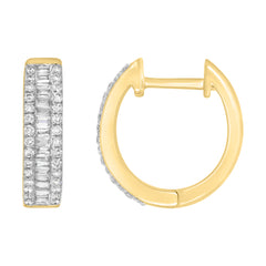 LADIES HOOP EARRINGS 0.75CT ROUND/BAGUETTE DIAMOND 14K YELLOW GOLD (SI QUALITY)