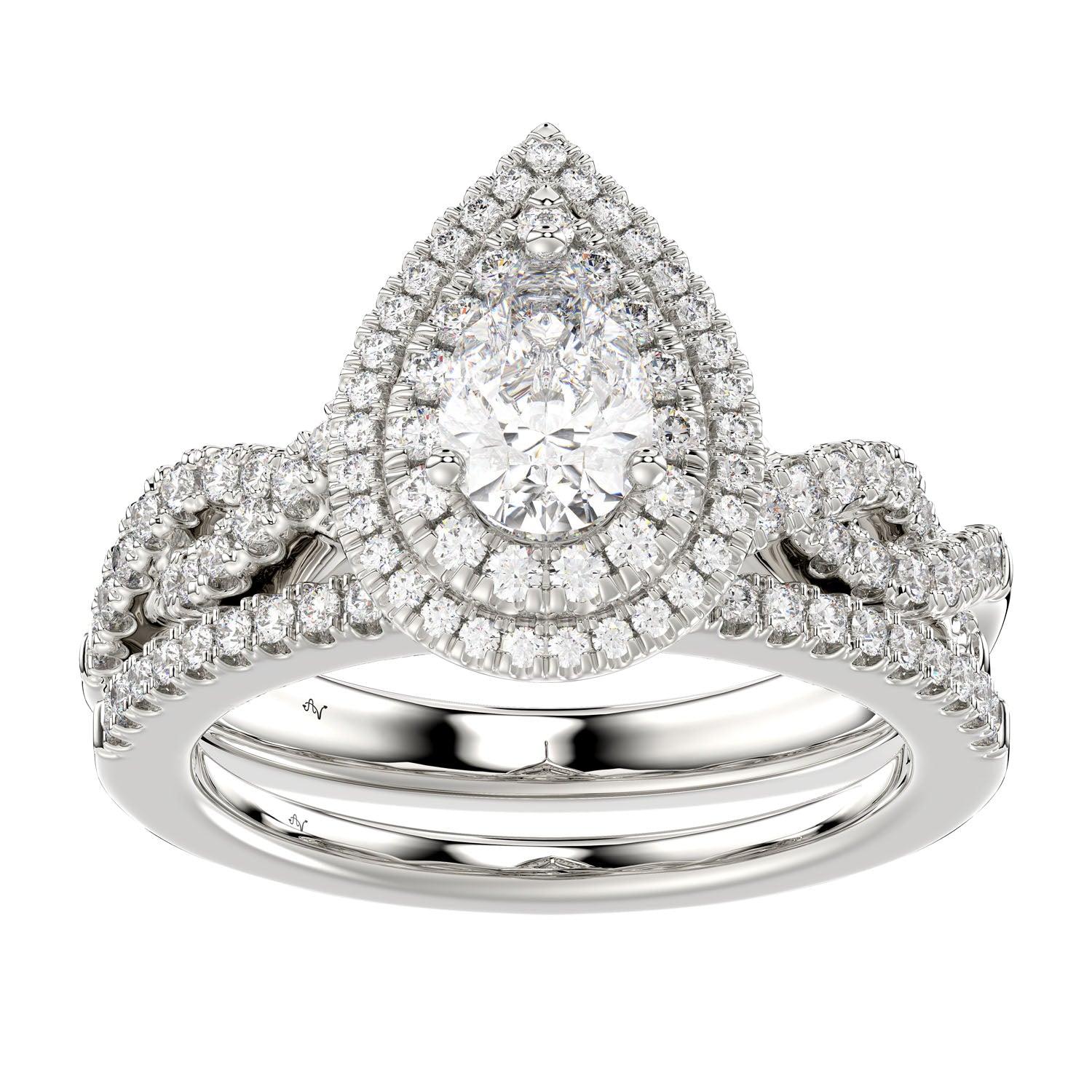 LADIES BRIDAL SET 1.15CT ROUND/PEAR DIAMOND 14K WHITE GOLD