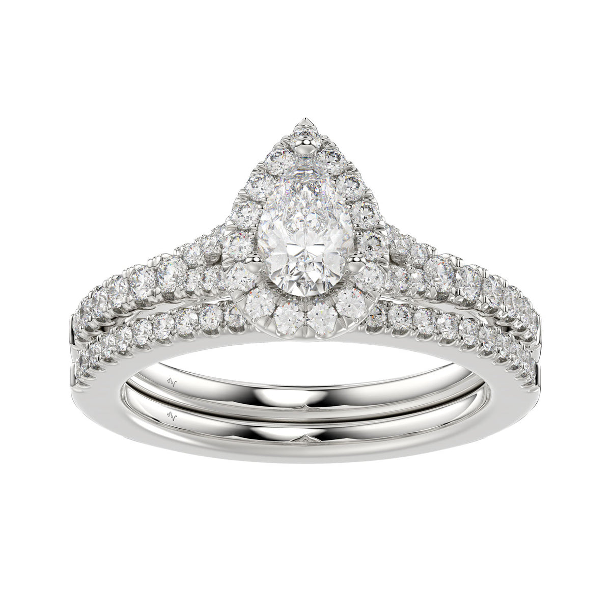 LADIES BRIDAL SET 1.00CT ROUND/PEAR DIAMOND 14K WHITE GOLD