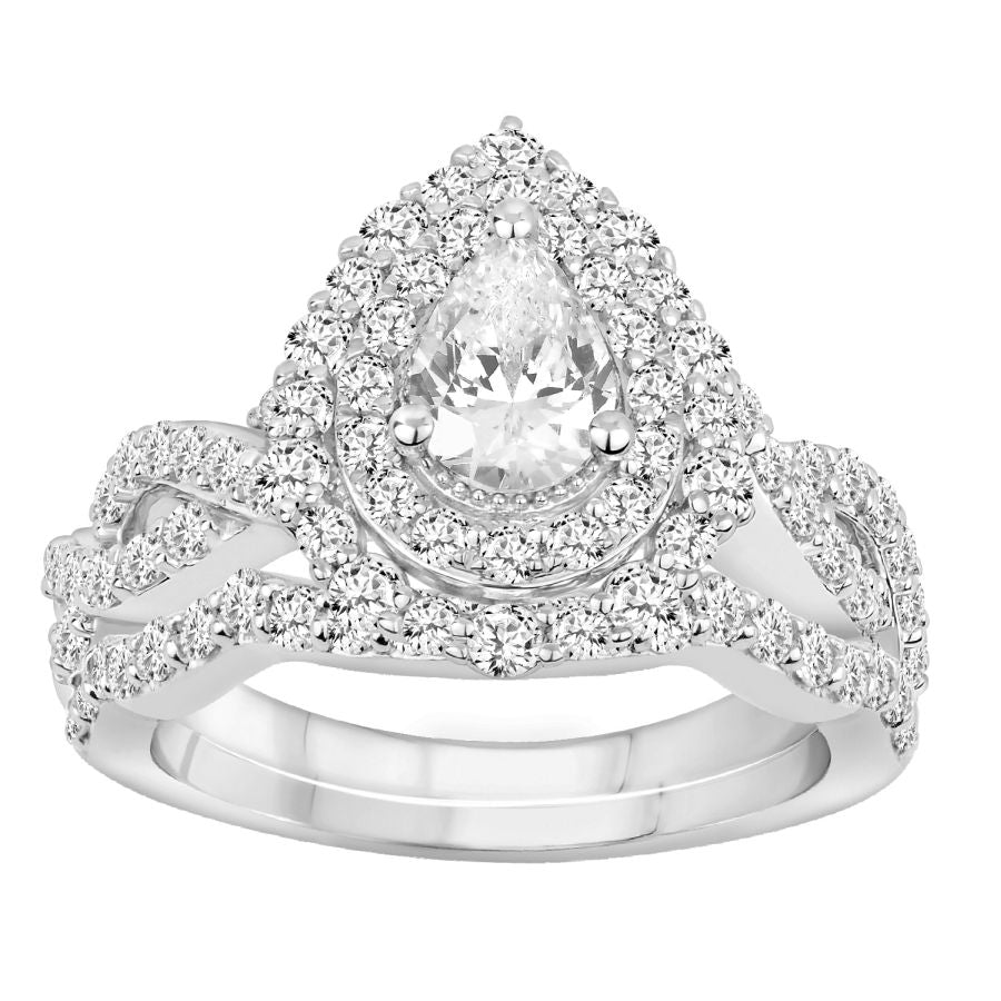 LADIES BRIDAL SET 1.20CT ROUND/PEAR DIAMOND 14K WHITE GOLD