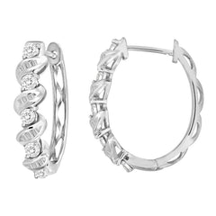 LADIES HOOP EARRINGS 0.35CT ROUND/BAGUETTE DIAMOND 10K WHITE GOLD