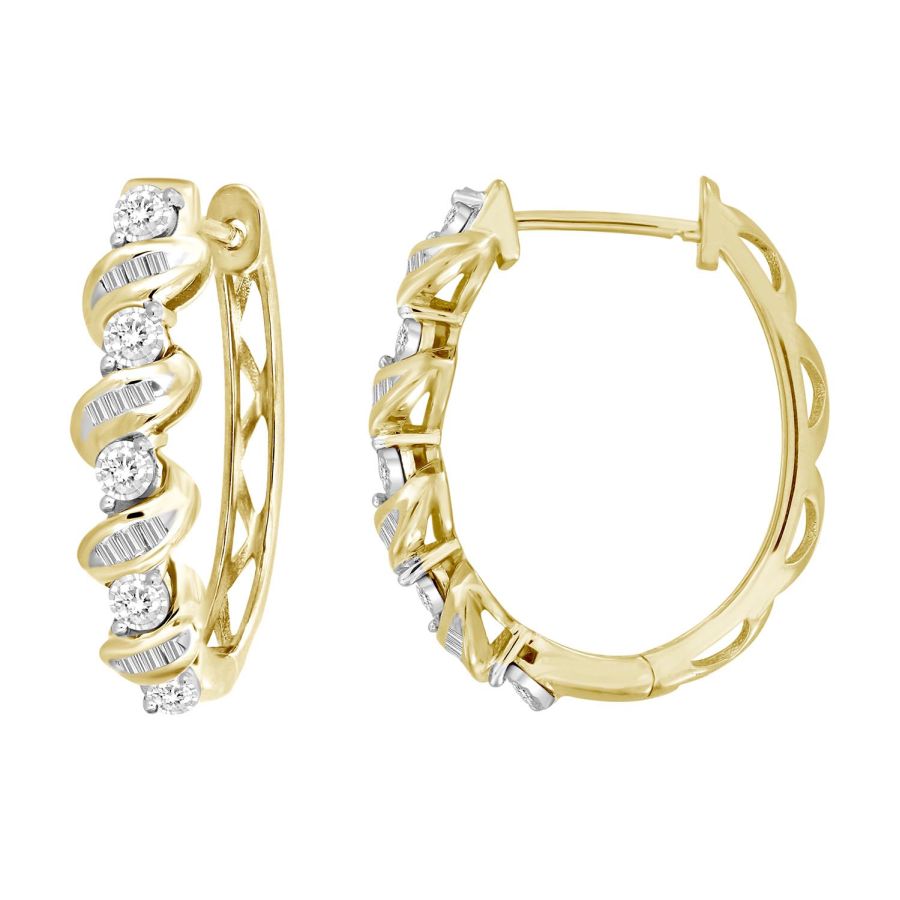 LADIES HOOP EARRINGS 0.35CT ROUND/BAGUETTE DIAMOND 10K YELLOW GOLD