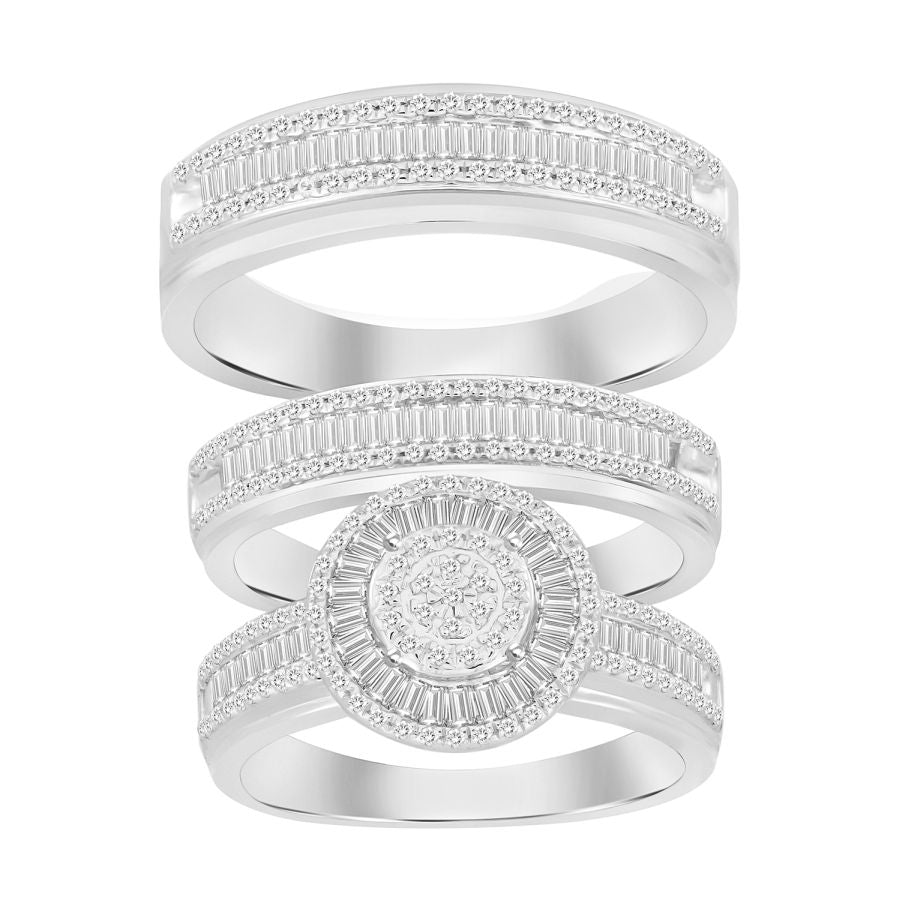 LADIES TRIOS SET 1.00CT ROUND/BAGUETTE DIAMOND 10K WHITE GOLD