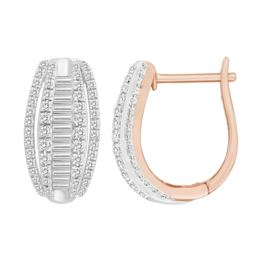 LADIES HOOP EARRINGS 0.50CT ROUND/BAGUETTE DIAMOND 10K ROSE GOLD