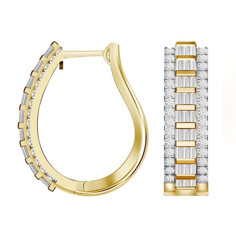 LADIES HOOP EARRINGS 1.00CT ROUND/BAGUETTE DIAMOND 14K YELLOW GOLD