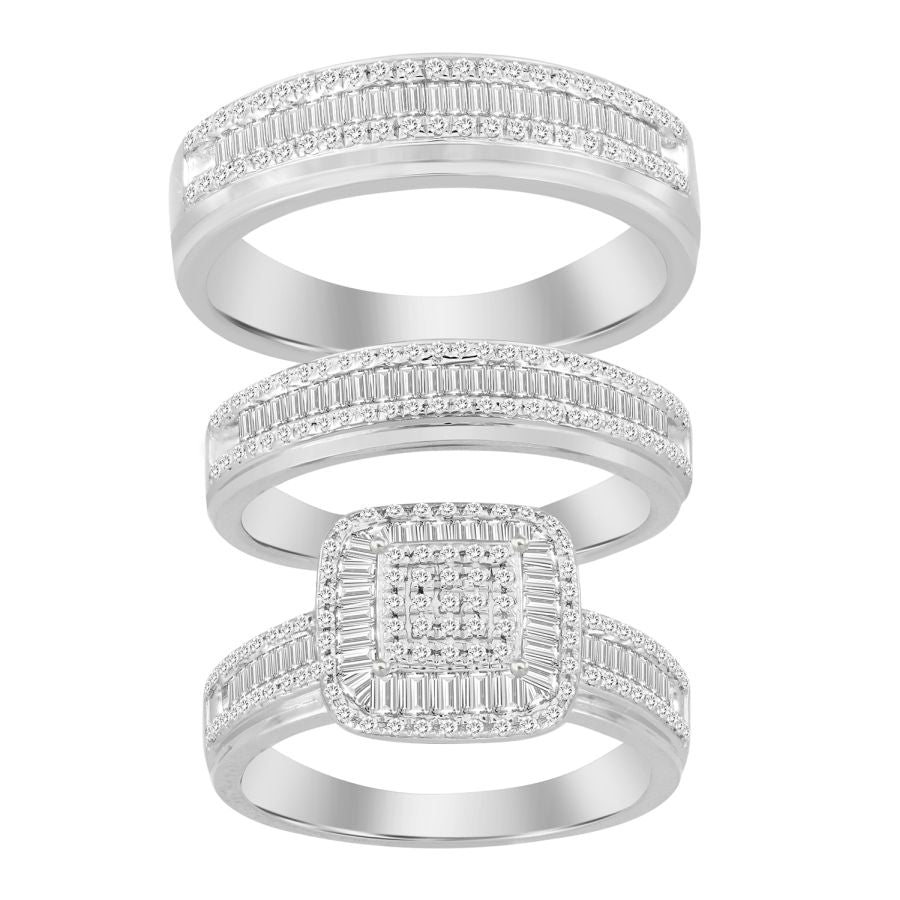 LADIES TRIOS SET 1.00CT ROUND/BAGUETTE DIAMOND 10K WHITE GOLD