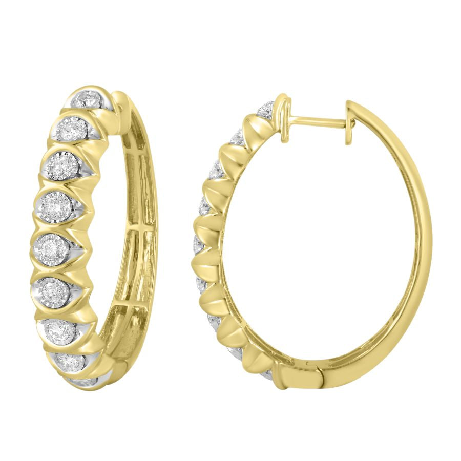 LADIES HOOP EARRINGS 1.00CT ROUND DIAMOND 14K YELLOW GOLD