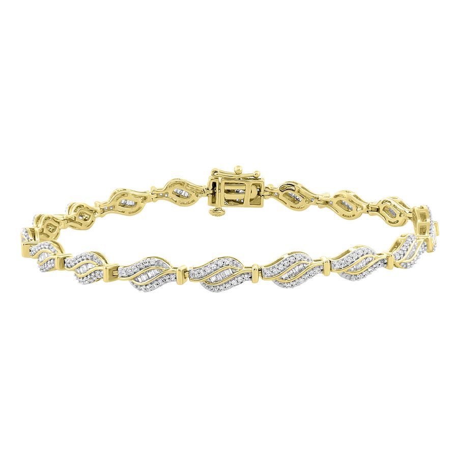 LADIES BRACELET 1.00CT ROUND/BAGUETTE DIAMOND 10K YELLOW GOLD