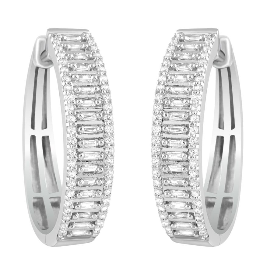 LADIES HOOP EARRINGS 0.75CT ROUND/BAGUETTE DIAMOND 10K WHITE GOLD