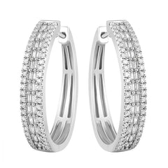 LADIES HOOP EARRINGS 1.00CT ROUND/BAGUETTE DIAMOND 10K WHITE GOLD