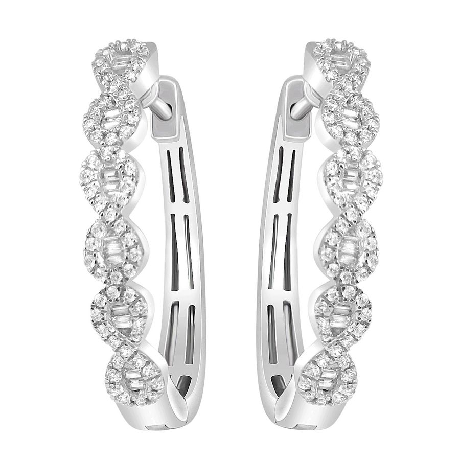 LADIES HOOP EARRINGS 0.75CT ROUND/BAGUETTE DIAMOND 10K WHITE GOLD