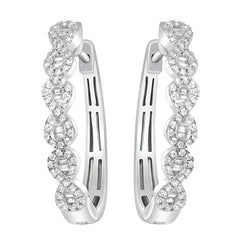 LADIES HOOP EARRINGS 0.75CT ROUND/BAGUETTE DIAMOND 10K WHITE GOLD