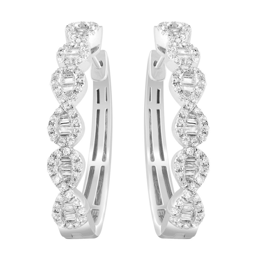 LADIES HOOP EARRINGS 1.00CT ROUND/BAGUETTE DIAMOND 10K WHITE GOLD