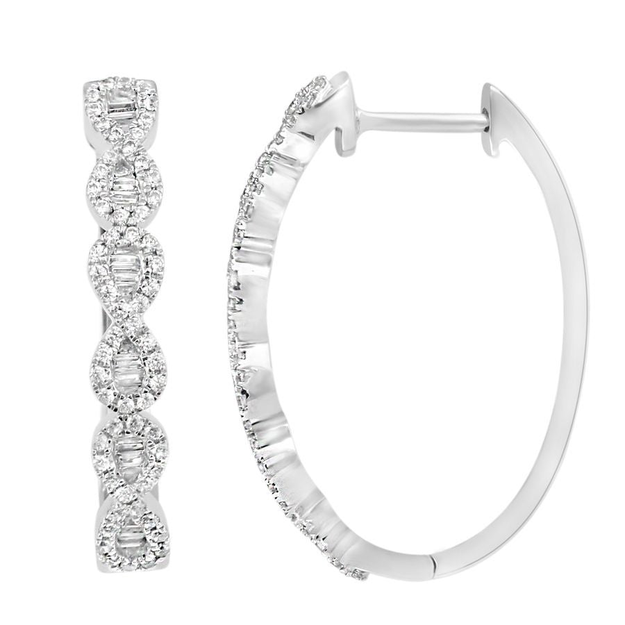 LADIES HOOP EARRINGS 0.50CT ROUND/BAGUETTE DIAMOND 10K WHITE GOLD