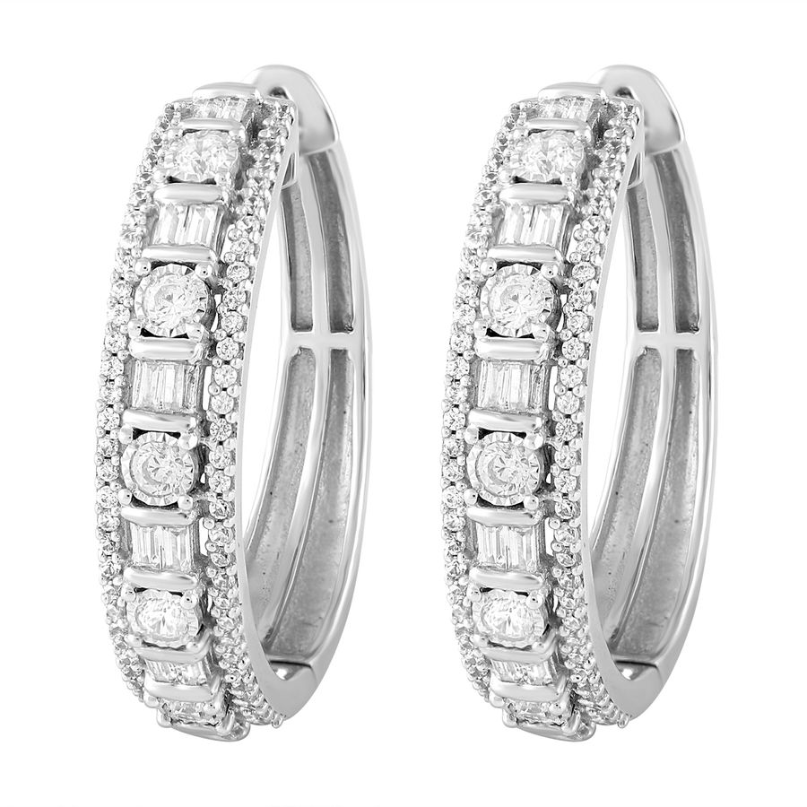 LADIES HOOP EARRINGS 1.00CT ROUND/BAGUETTE DIAMOND 10K WHITE GOLD