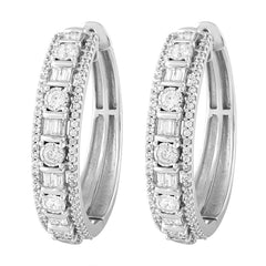 LADIES HOOP EARRINGS 1.00CT ROUND/BAGUETTE DIAMOND 10K WHITE GOLD