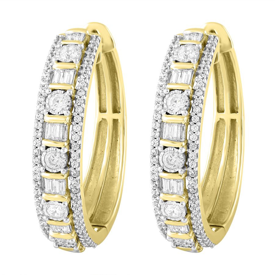 LADIES HOOP EARRINGS 1.00CT ROUND/BAGUETTE DIAMOND 10K YELLOW GOLD