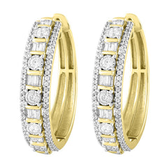 LADIES HOOP EARRINGS 1.00CT ROUND/BAGUETTE DIAMOND 10K YELLOW GOLD