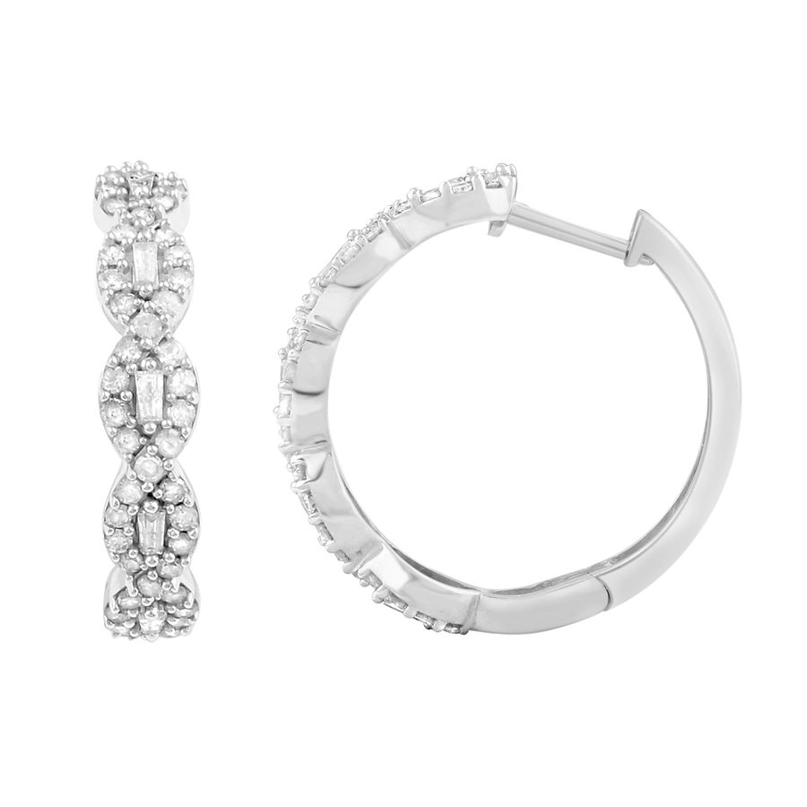 LADIES HOOP EARRINGS 1.00CT ROUND/BAGUETTE DIAMOND 10K WHITE GOLD